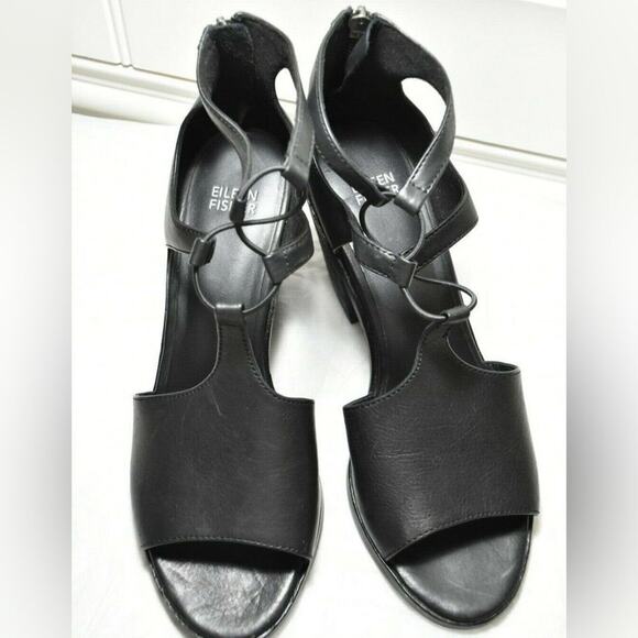 EILEEN FISHER LOU BLACK LEATHER‎ BACKZIP FRONT LACE LOOP SANDALS SIZE 39 - Picture 1 of 9